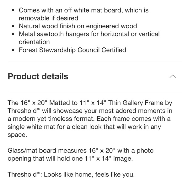 Threshold 16” x 20” to 11”x14” Single Picture Matted Gallery Frame White - New - Picture 6 of 7